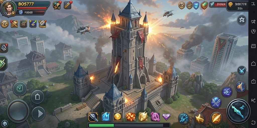 Screenshot utama BOS777 menunjukkan aksi strategi Tower Defense yang seru.
